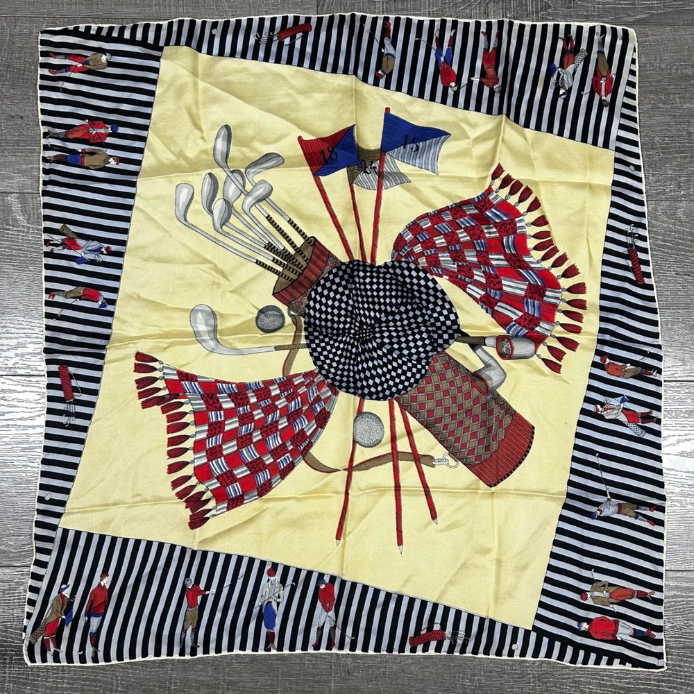 Vintage Golf Themed Silk Scarf Polo Golfers Flags‎ Bag Clubs Yellow Black Red